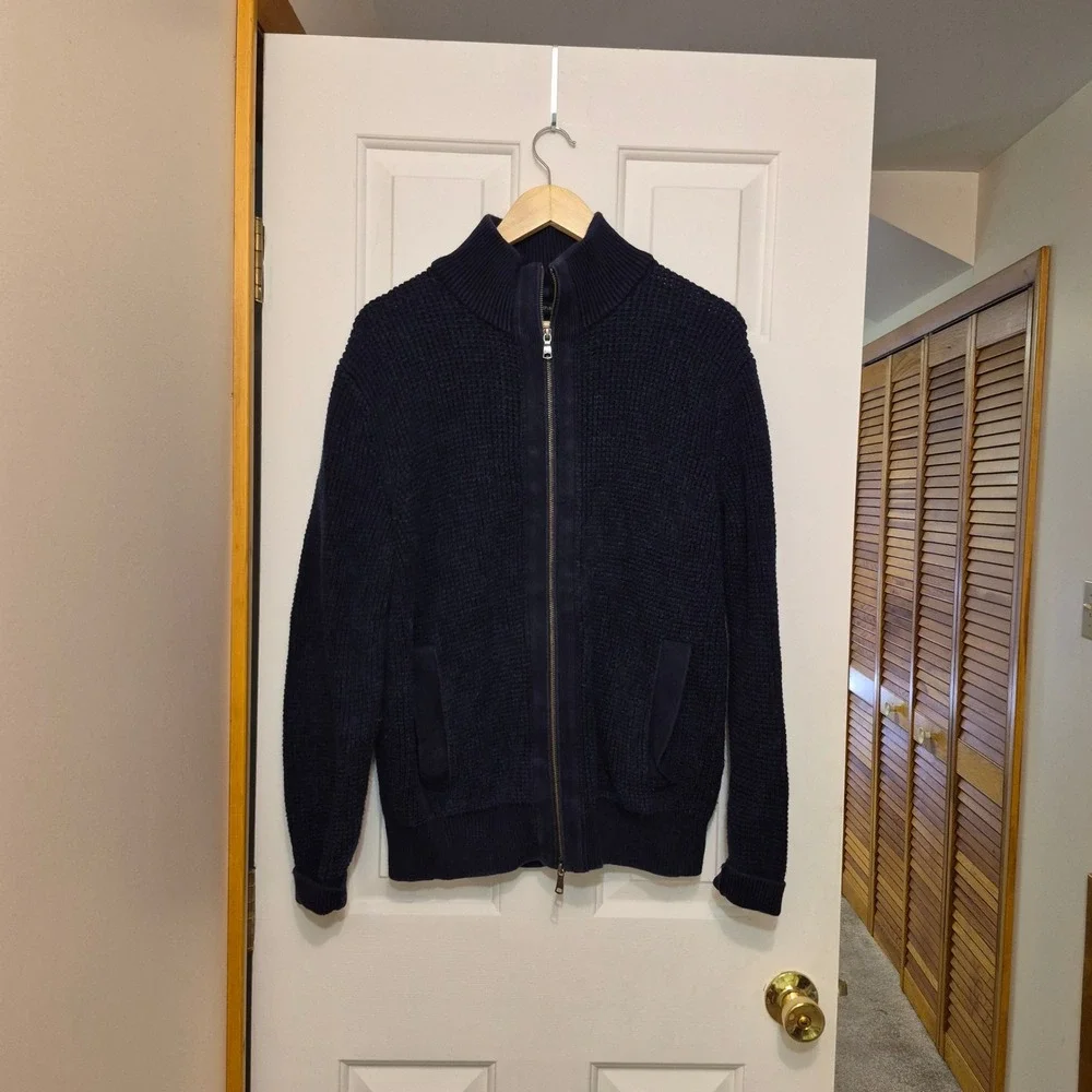 Banana Republic Mens Navy Blue Waffle Knit Full Zip Cardigan Sweater Large L
